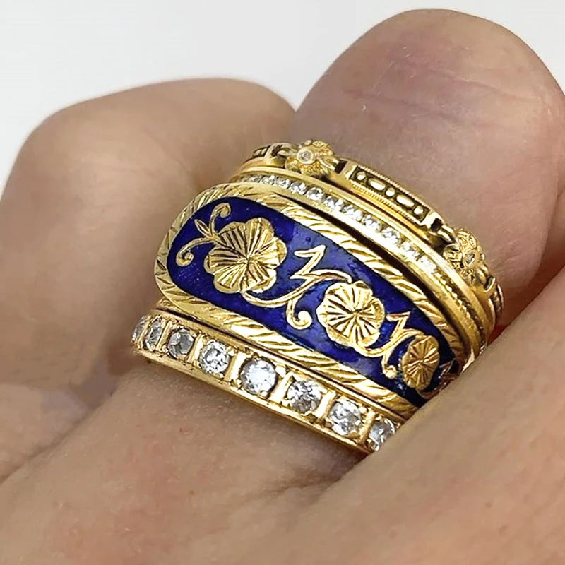 Huitan Gorgeous Women Gold Color Ring  Blue Enamel Flower Design Hyperbole Style Accessories for Party Special Jewelry with CZ