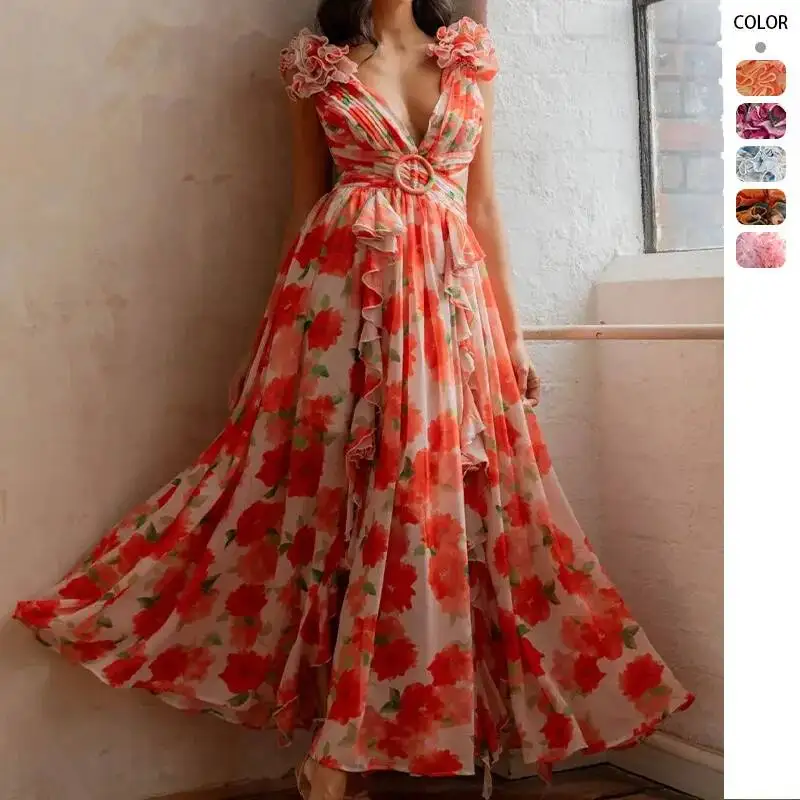 

New Women's Fashion Ins Vacation Long Dress Hollow Out Slim Fit Deep V Ruffle Floral Backless Sexy Maxi Dresses Boho Office Lady