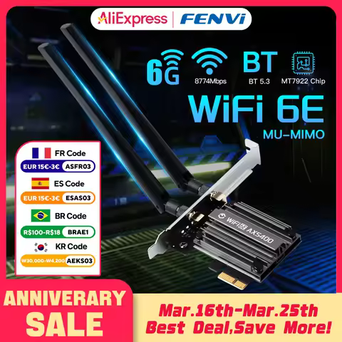 Fenvi 5374Mbps WiFi 6E PCIe Wireless Adapter Bluetooth 5.3 Tri band 6G/5G/2.4G Network Card MT7922 WiFi6 802.11ax for PC