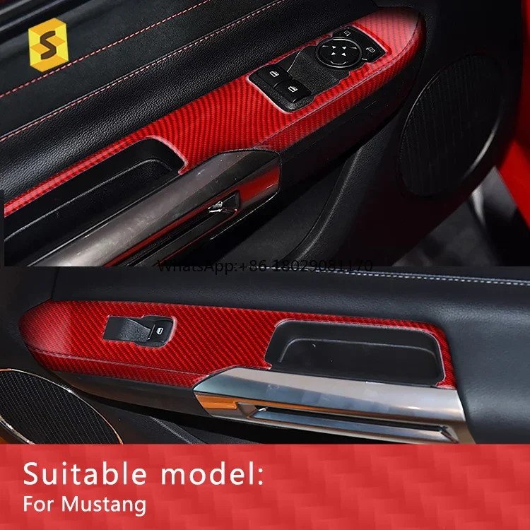 DJYM013 Carbon Fiber Interior Door Window Lift Switch Button Panel Decorative Frame Cover Trim Stickers For Mustang 2015-2019