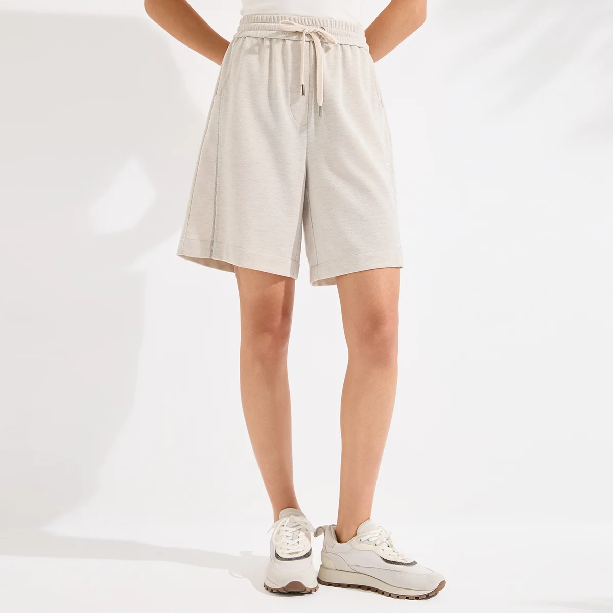 

KX9613716 Элегантные женские шорты из смесового хлопка класса люкс с завязками на талии, облегающие, высокого качества, повседневные, шикарные, спортивные короткие брюки