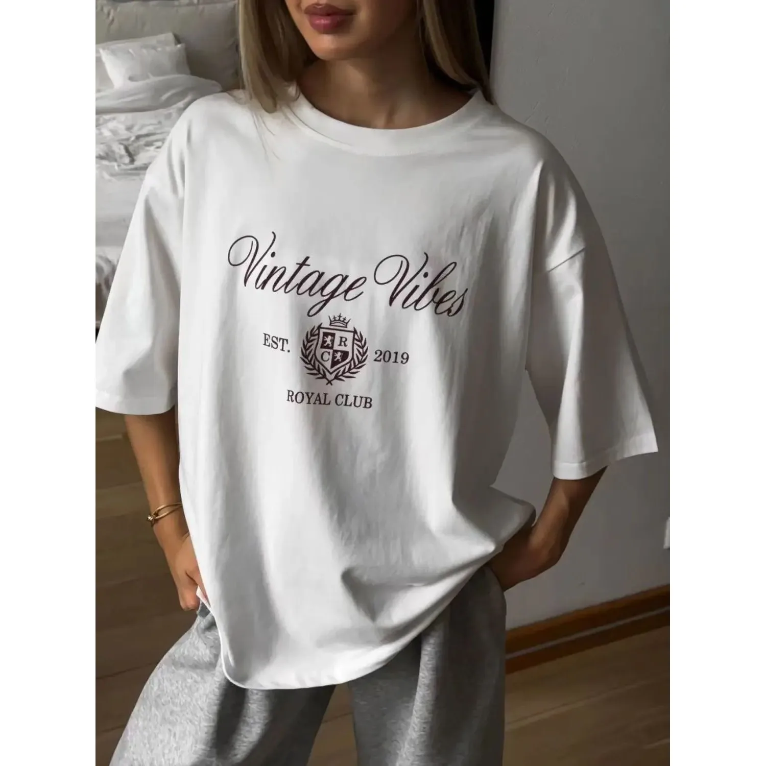 

New 100% Cotton Women's Casual T-shirt Summer O-Neck Printed Cleanfit Style Non-Shrinking A-Line Sleeve Polyester Fabric