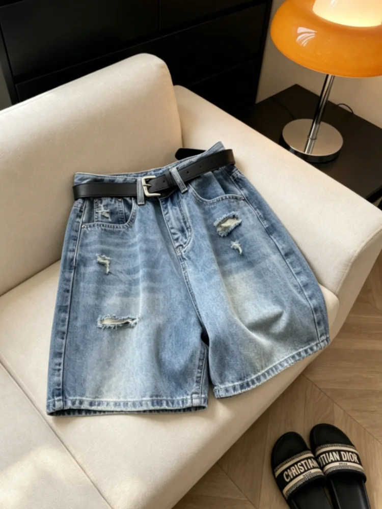 

Retro American Hole Denim Shorts Women Summer Thin Large Size Fat MM High Waist Cover Hip A-Line Wide Leg Five-Point Pants