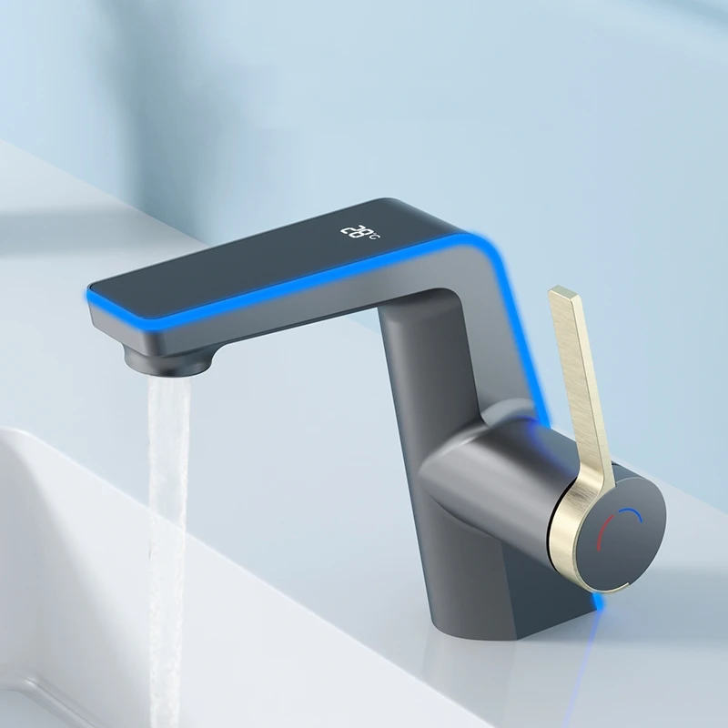 Grifo de lavabo con pantalla de temperatura de alta gama, luz LED, pulverizador de 2 modos, mezclador de fregadero de agua fría y caliente, grifo de lavado de un solo orificio para Baño