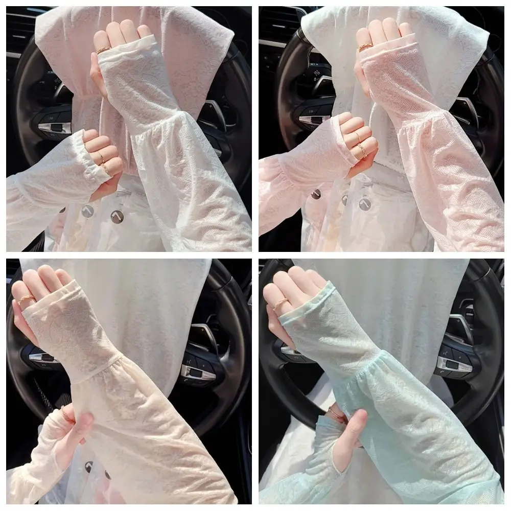 ยืดหยุ่นบางลูกไม้ผ้าไหมน้ําแข็งแขน Anti-UV Sun Protection ครีมกันแดดแขนยาวดอกไม้ถุงมือขี่จักรยานผู้หญิง