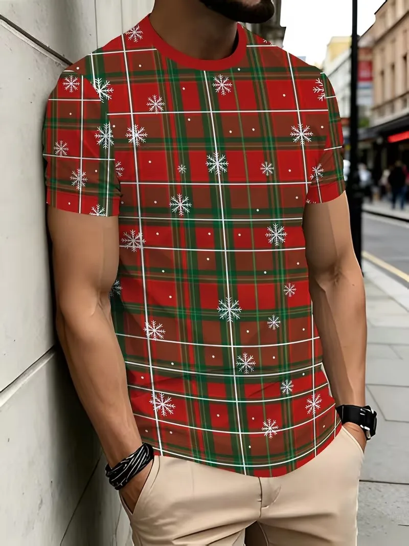 Christmas and New Year's hot selling men's short sleeved T-shirt, fashionable 3D printed round neck men's pullover top