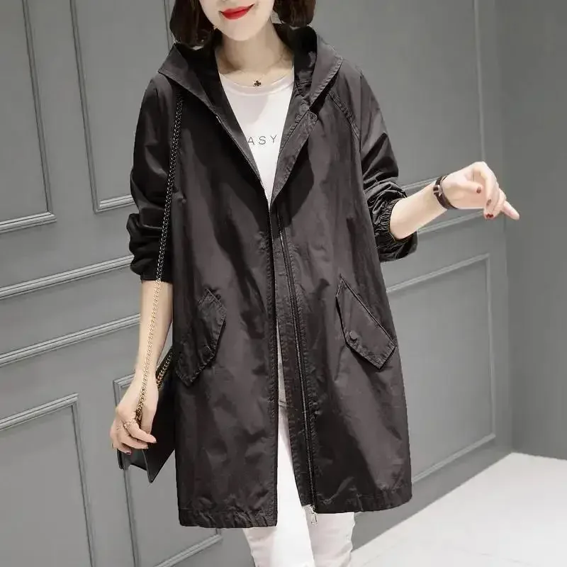 Cotton Jacket Women's Clothing Spring and Autumn Mid-length Trench Coat Jacket with Hat Korean Version Plus Size Loose Grace