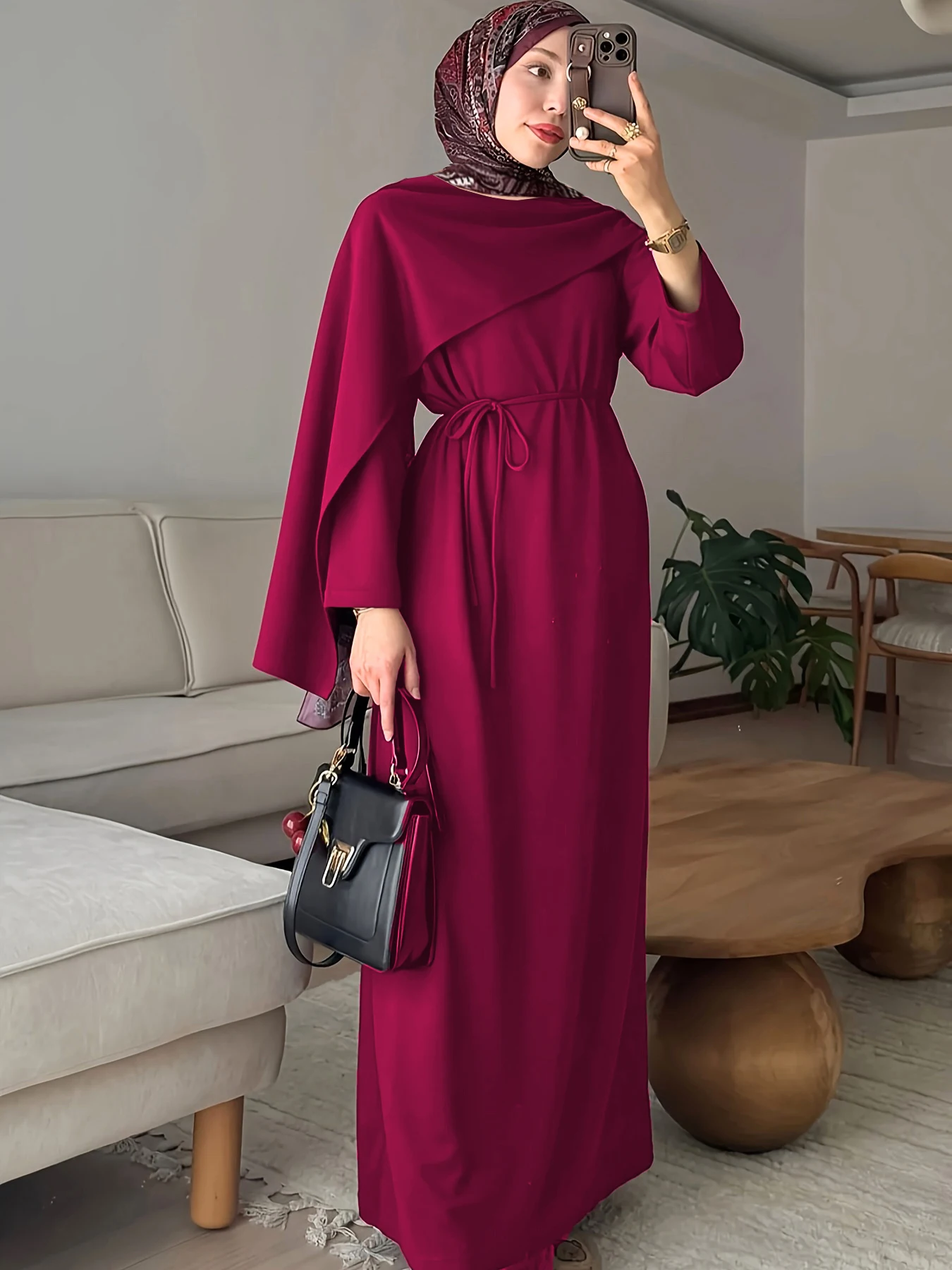 

Ближневосточная весна и осень Новая женская одежда Фестивальная вечеринка Бордовый халат Свободное и удобное мусульманское дышащее традиционное платье в Саудовской Аравии с длинным рукавом Элегантное однотонное платье в этническом стиле без платка