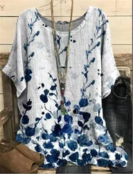 Camisetas de cuello redondo con estampado Floral para mujer, Jersey informal de estilo Retro, holgado, de manga corta, de gran tamaño, ropa femenina