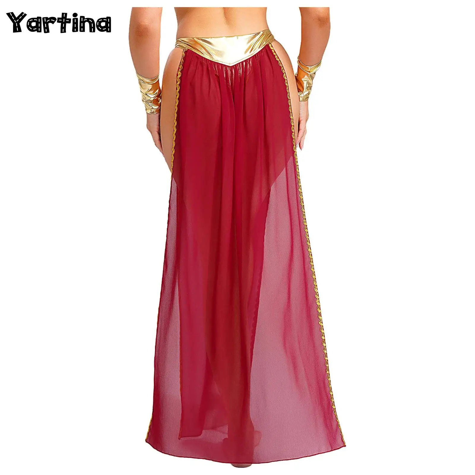 

Женский костюм древнего египетской королевы для косплея на Хэллоуин, блестящая металлическая одежда для ролевых игр, трусы с юбкой с боковым разрезом