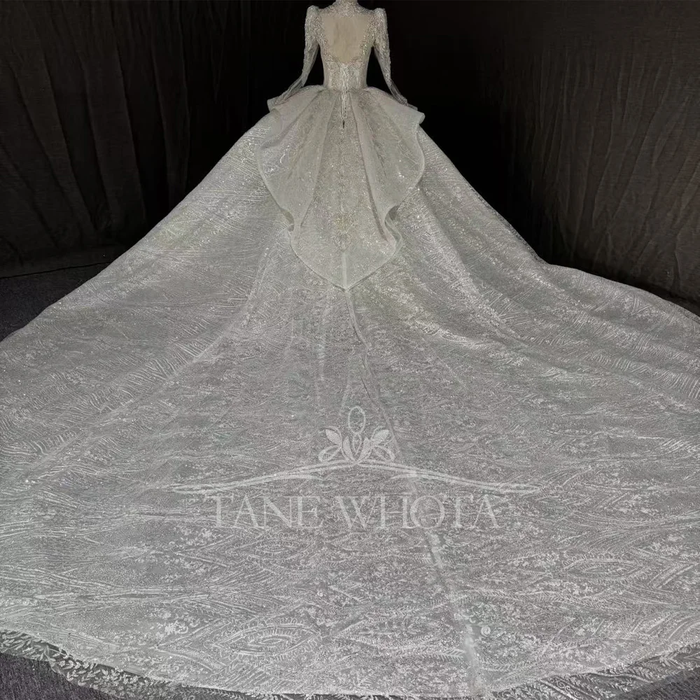 Luxury V-Neck Long Sleeve Wedding Dress Beaded Crystal Sequined Lace Up Keyhole Back Customizable Gown For Brides