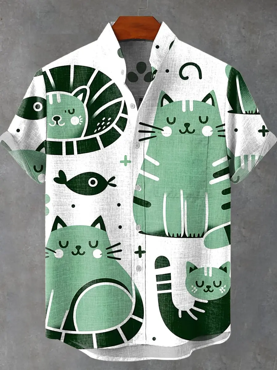 

2025 fashionable 3D printed quirky cat animal pattern men's summer casual loose linen pocket short button up collar large shirt