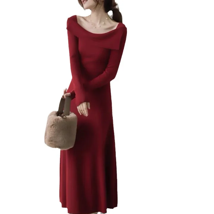 Vestidos femininos vestido mangas primavera jacquard houndstooth frisado cinto gradiente slash-neck artístico voando em camadas assimétrico