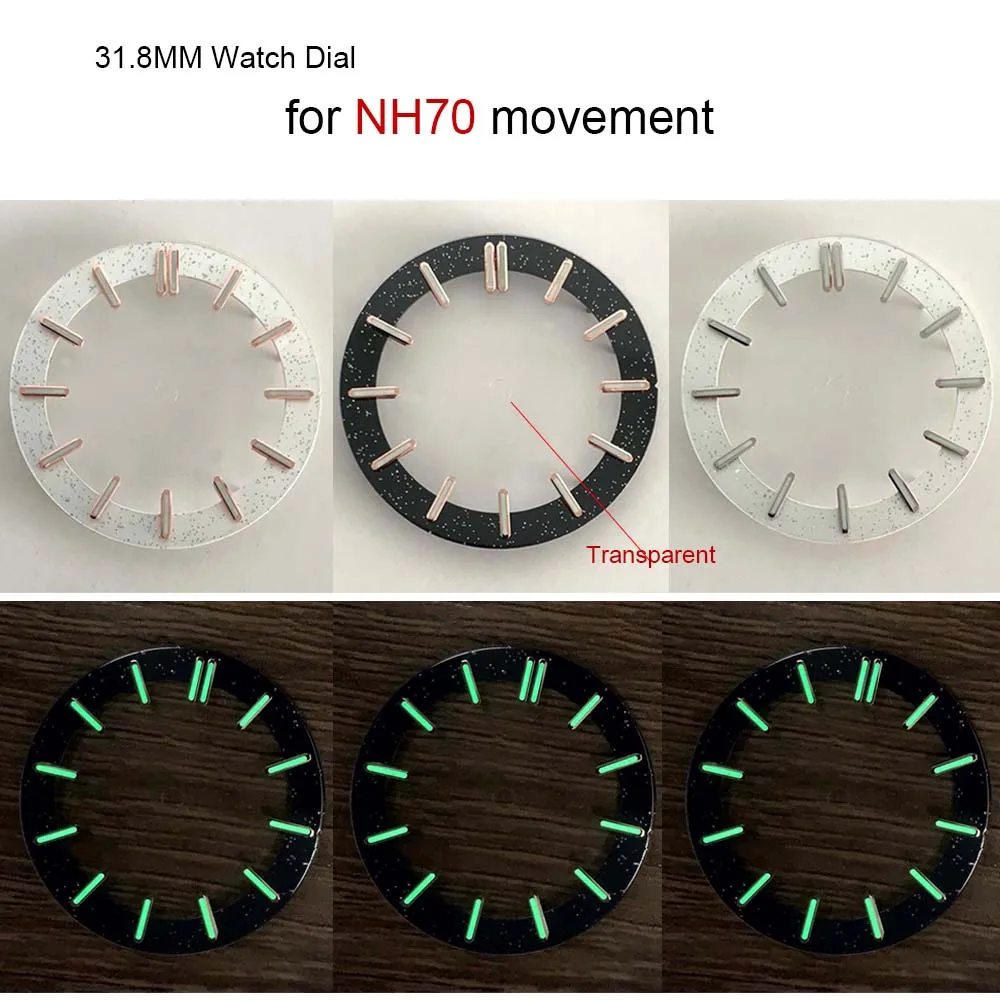 For NH70 Dial 31.8mm Transparent Hollow Out Starry Sky Green Luminous Watch Face for NH70 Movement Modified Part