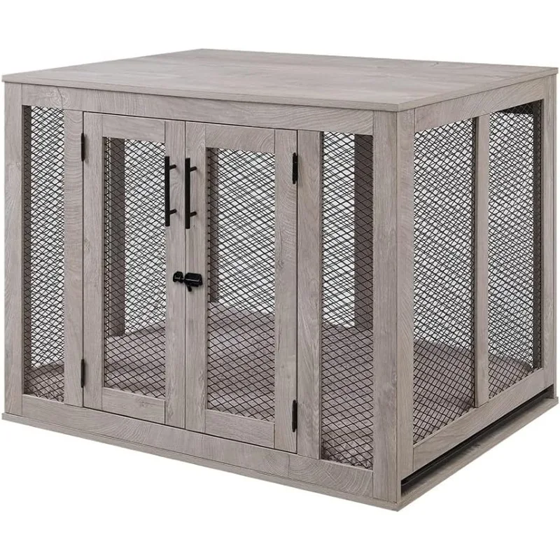 Perrera de madera para perros de razas grandes, jaula de madera decorativa para perros, caja de mesa auxiliar interior con bandeja y cama para perros