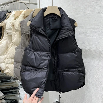 Women Autumn Winter Down Cotton Vest Jacket 2025 New Women Loose Stand Collar Vest Coat Women Short Vest Jacket Cotton Waistcoat 3