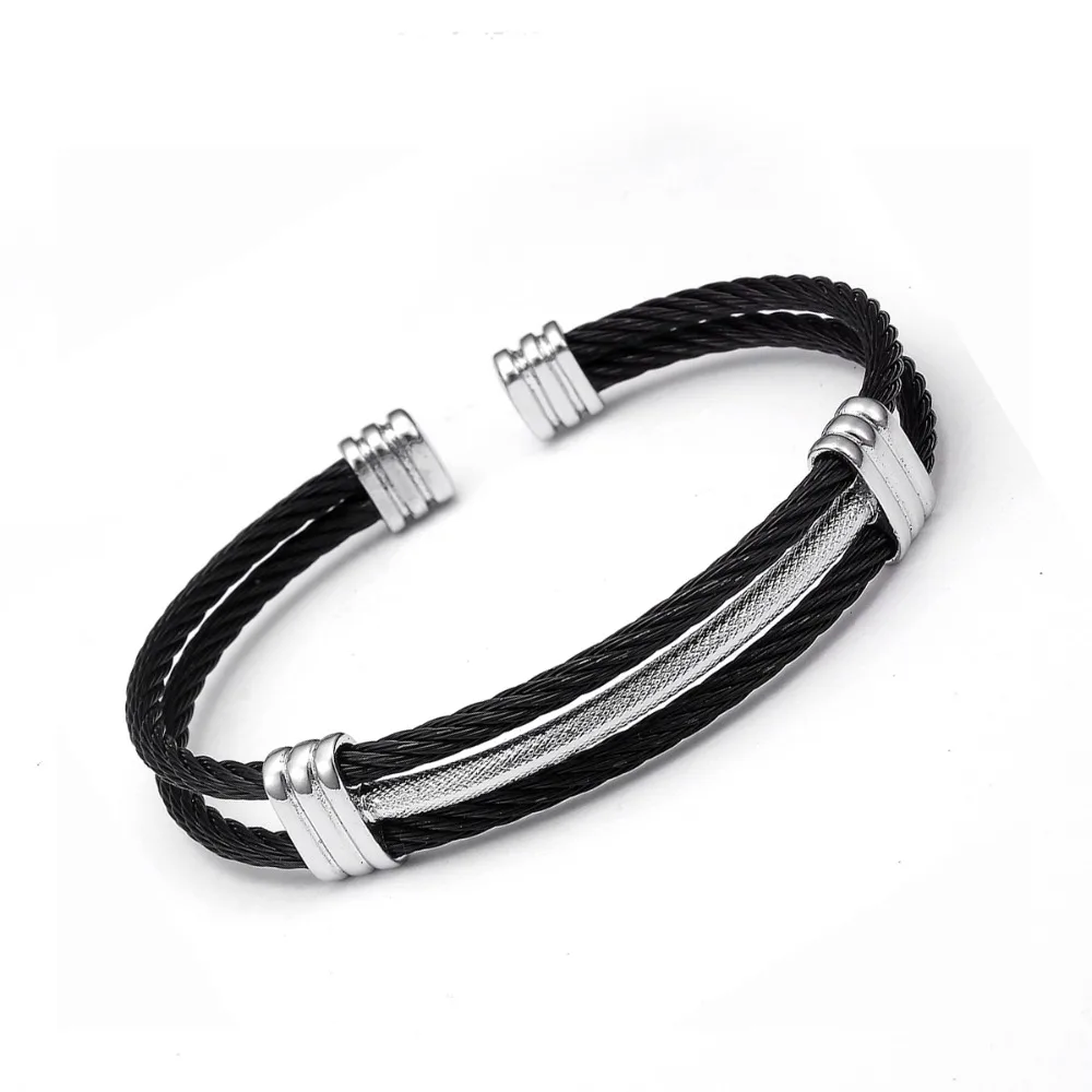 Simple Stainless Steel Open Men Women Black Charm Bracelets Vintage Mesh Surface Luxury Cuff Female Chain Link Bangles Pulsera