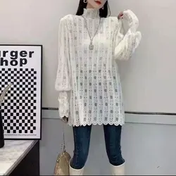 Blusa ahuecada de encaje para mujer, camisa informal de manga larga, cuello alto que combina con todo, Color sólido, moda Sexy, primavera y otoño, nueva