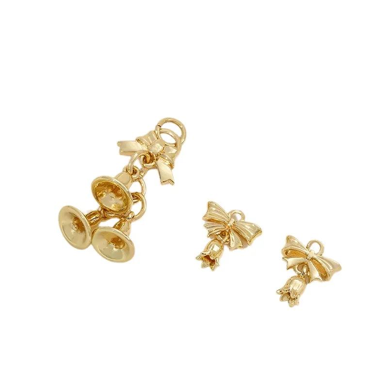 14K Real Gold Plated Copper Bow Pendant with Flower Bud & Bell Charms, DIY Jewelry Making Supplies for Bracelets & Necklaces