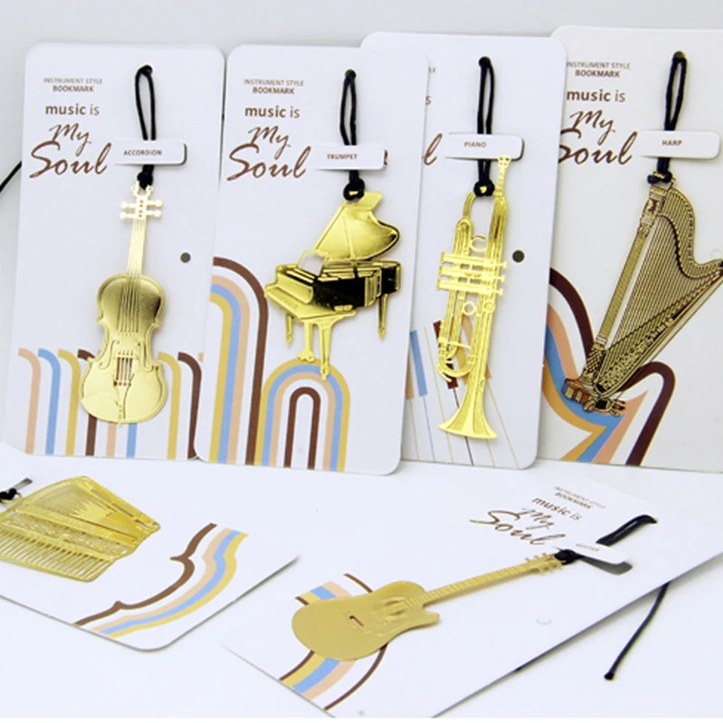 1 pc/Set, Bonito Instrumento Com Cordão Notebook Metal Bookmark Criativo Fixo Piano Guitarra Órgão Harpa Violino Trompete