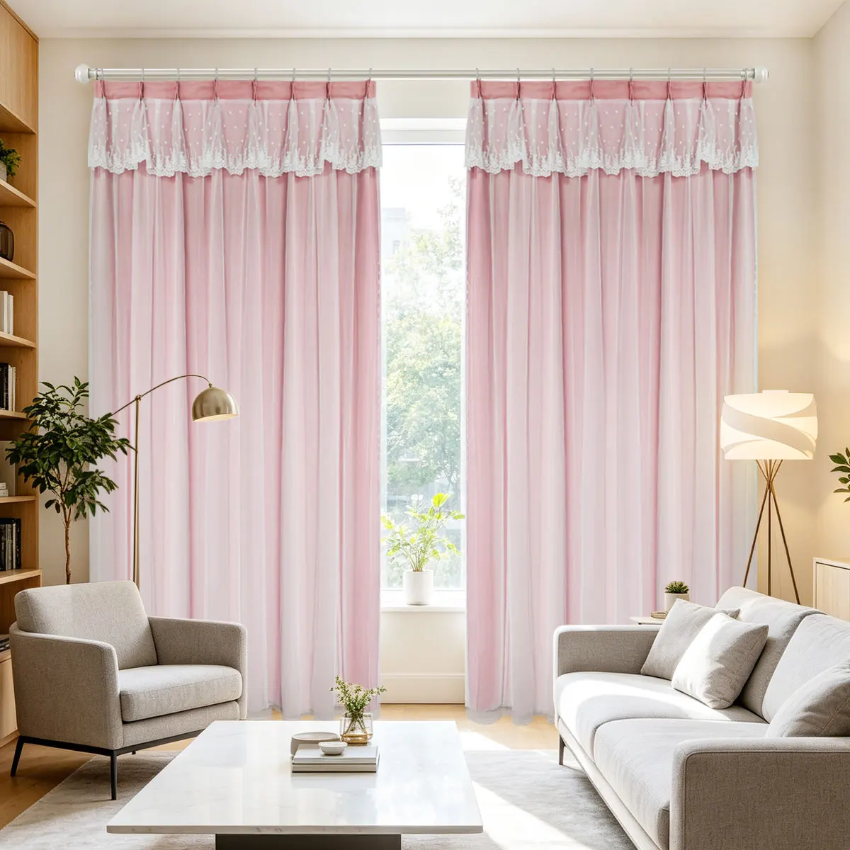 2Pcs Double‑Layer Curtains French Princess Style Lace Valance Blackout for Bedroom Wedding Room
