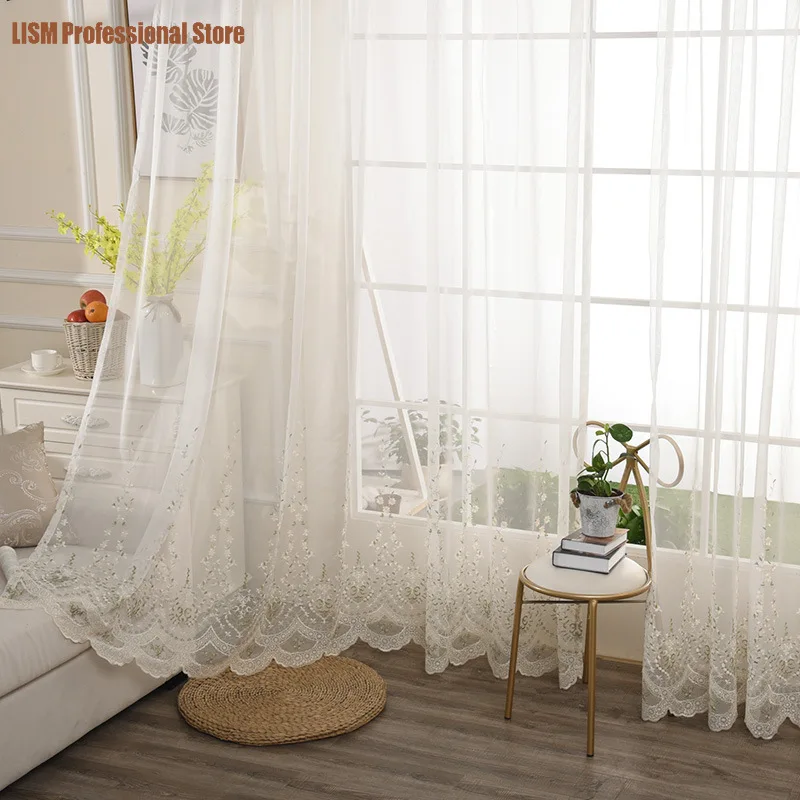 

Transparent Curtains for Living Room Embroidered Floral Sheer Lace Wave Side Romantic Pastoral Elegant French Window Drapes