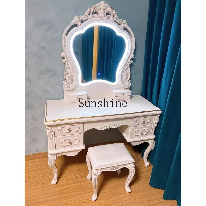 

European light luxury dresser solid wood princess makeup table with lamp