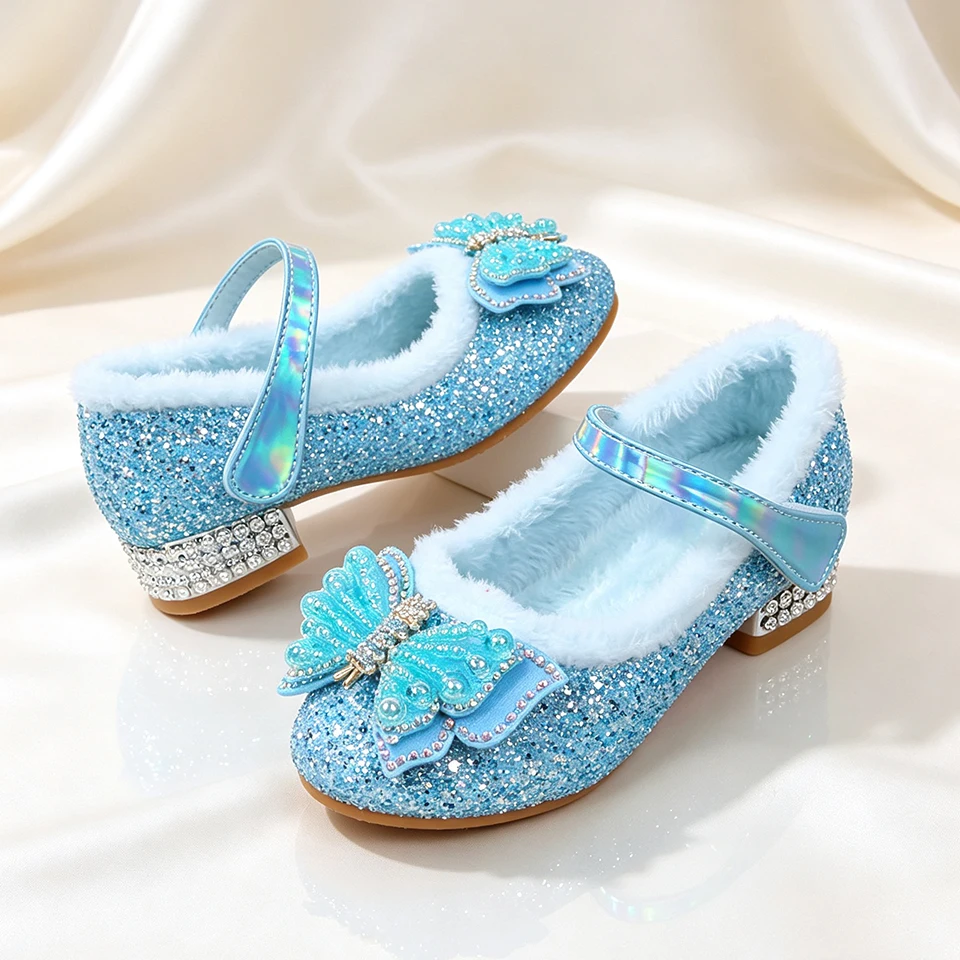 Toddler Little Girls Winter Warm Furry Lined Mary Jane High Heels Shoes Halloween Shining Sequined Princess Elegant Party Shoe