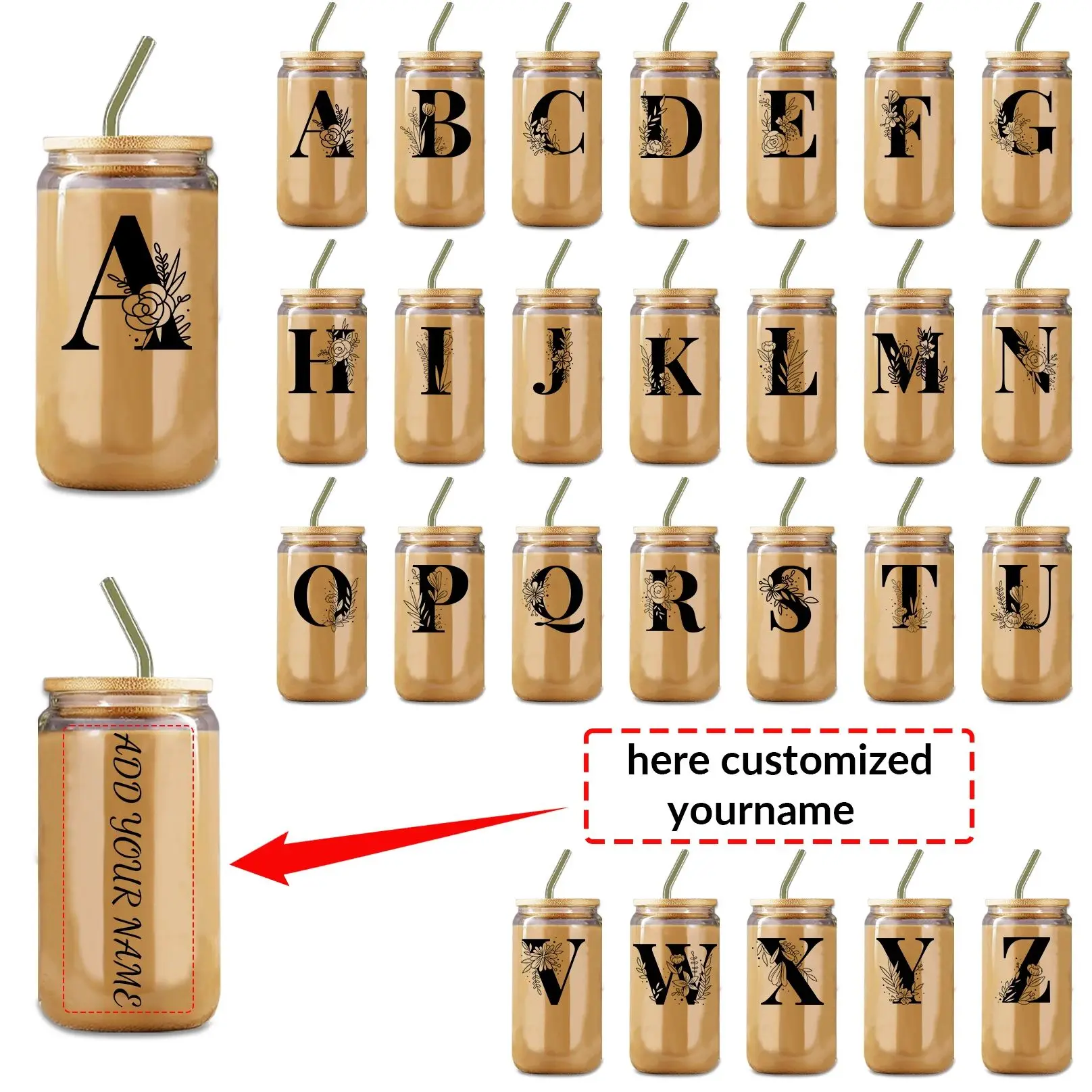 

Стеклянные чашки для кофе с индивидуальным именем на 16 унций и соломенной крышкой, персонализированные стеклянные чашки для напитков с 3D принтом, прозрачная бутылка для напитков