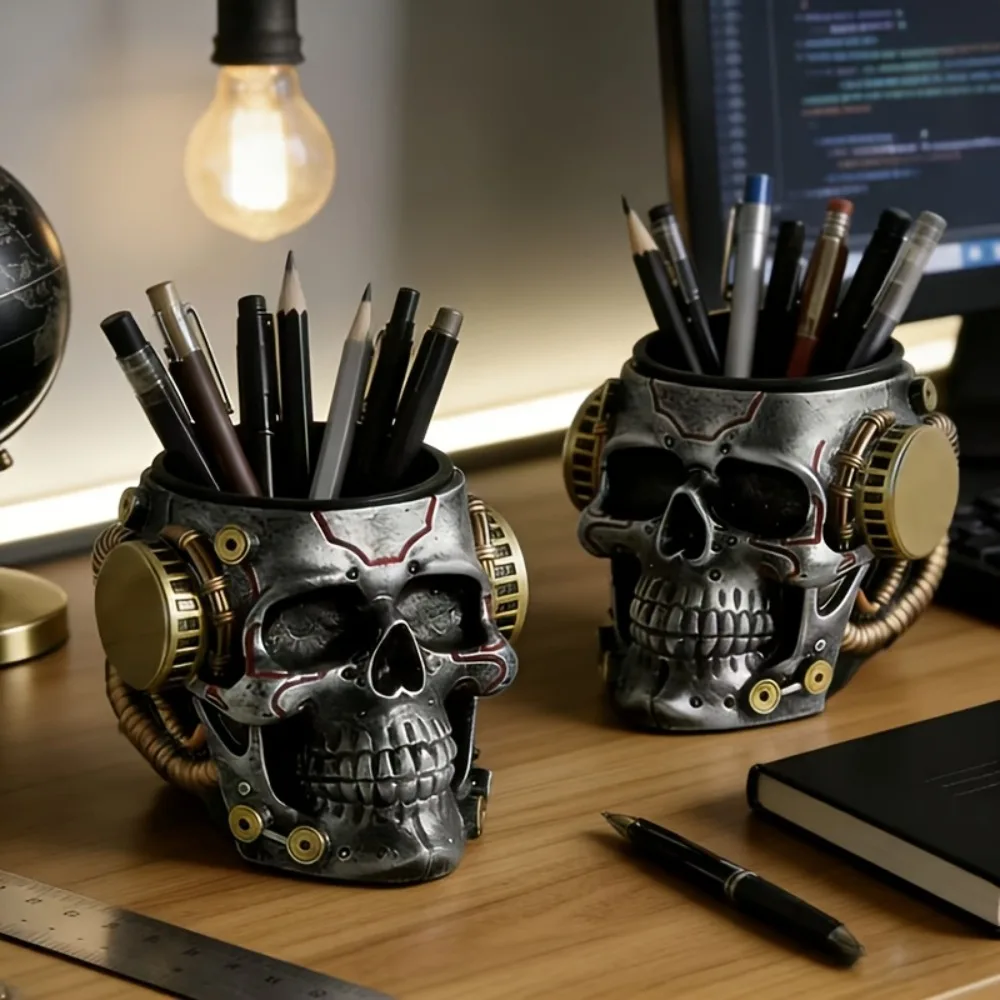 Steampunk Robot Skull Pen Holder Retro Mechanical Skull Desktop Storage Box Gothic Cyberpunk Pen Pencil Cup Suitable Office Use