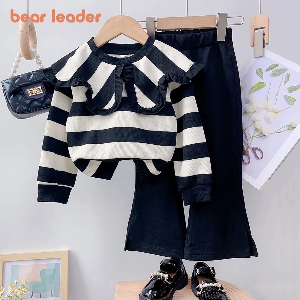 Bear Leader Girls\' Long sleeved Set 2023 Autumn New Girls\' Large Polo Neck Pleated Stripe Top+Flare Pants Two Piece Girls\' Set