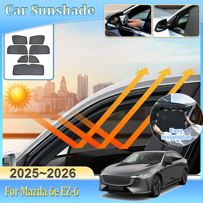 Car Mesh Sunshade For Mazda 6e EZ-6 J90A 2024 2025 2026 Side Window Magnetic Visor Front Windshield Frame Curtain Accessories