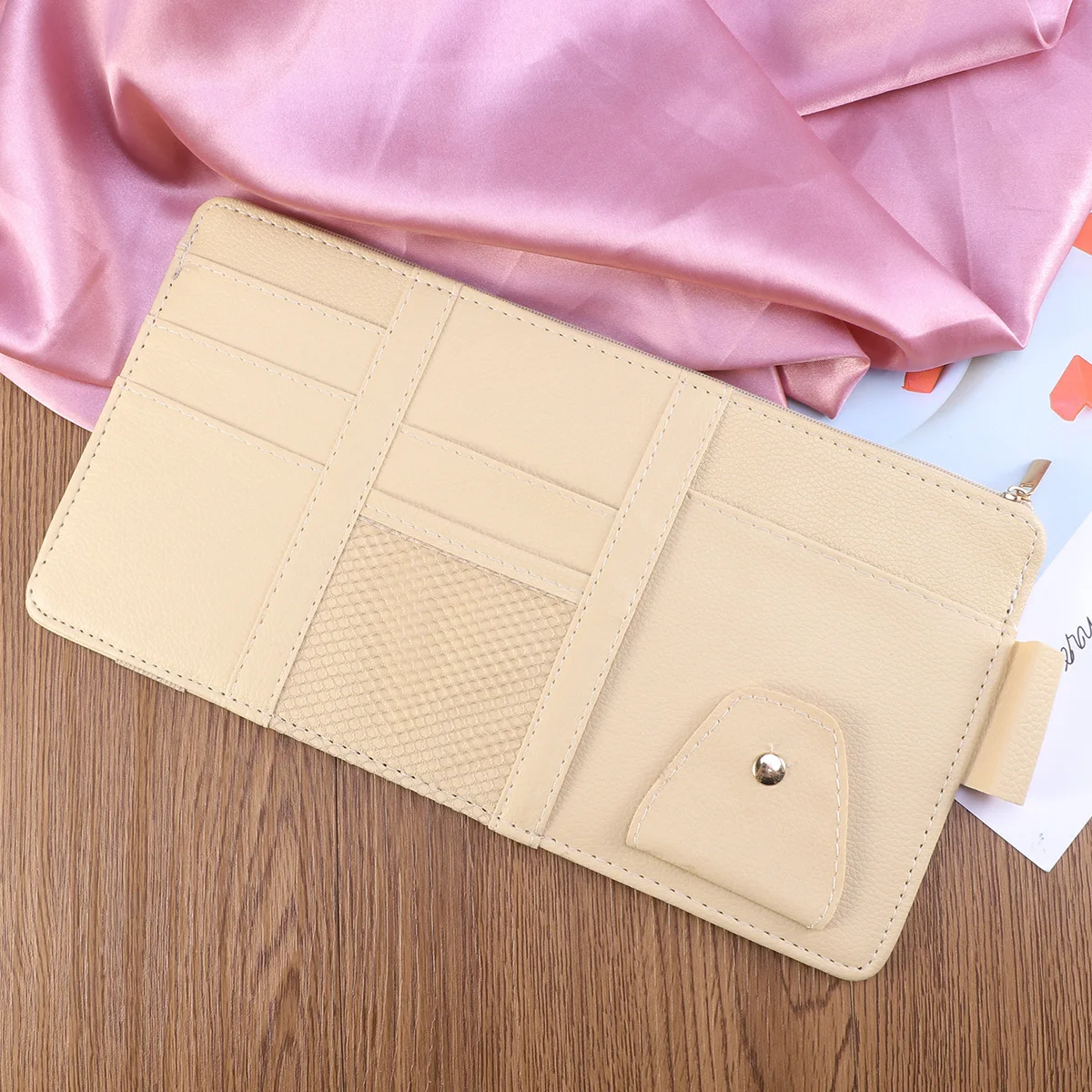 

Multi-Functional Car Sun Visor Organizer Zipper Holder Beige Car Storage Bag for Phone Cards Tickets Auto Accessories