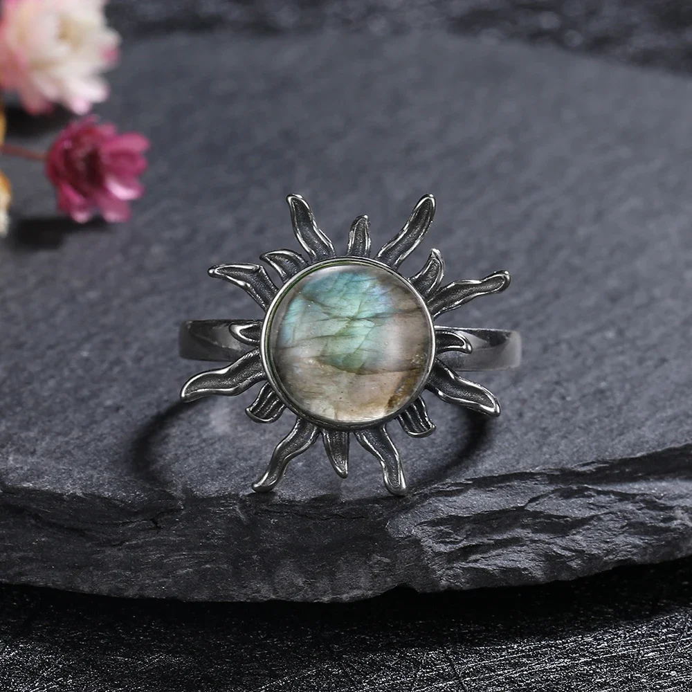 Silver Ring for Women Oval Round Natural Labradorite Ring Gift Sun Shaped Retro Luxury Fine Jewelry