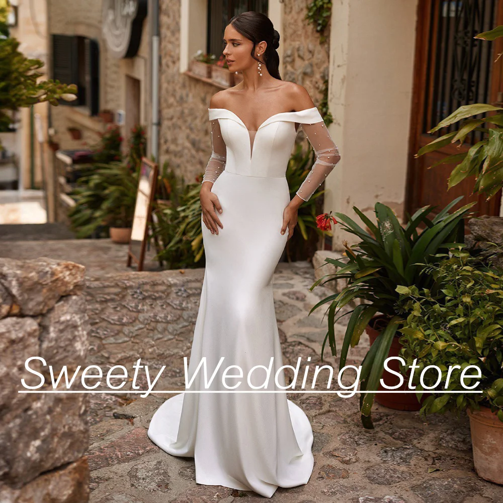 

Simple Wedding Dress with Detachable Pearls Sleeve V Neck Sweep Train Back Zipper Button Robe De Mariage Mermaid Bridal Dresses