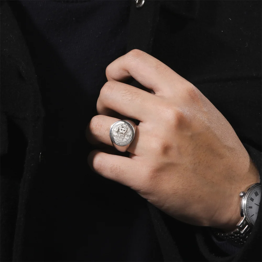 EUEAVAN Key of Solomon Seal Rings for Men Stainless Steel Silver Color The First Pentacle Ring Good Luck Talisman Amulet Jewelry