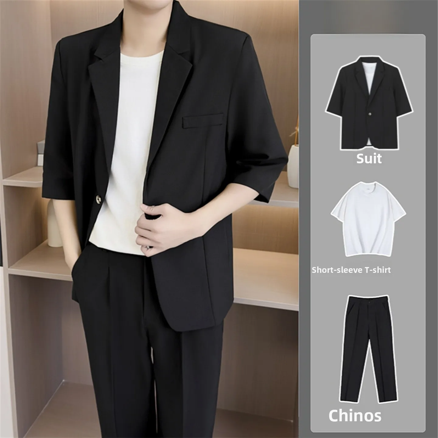 

Bla Slim Fit Men's Suit Casual Sle Seven Sve ort Sve Busin Suit Set High End Feeling Commute Daily Wear