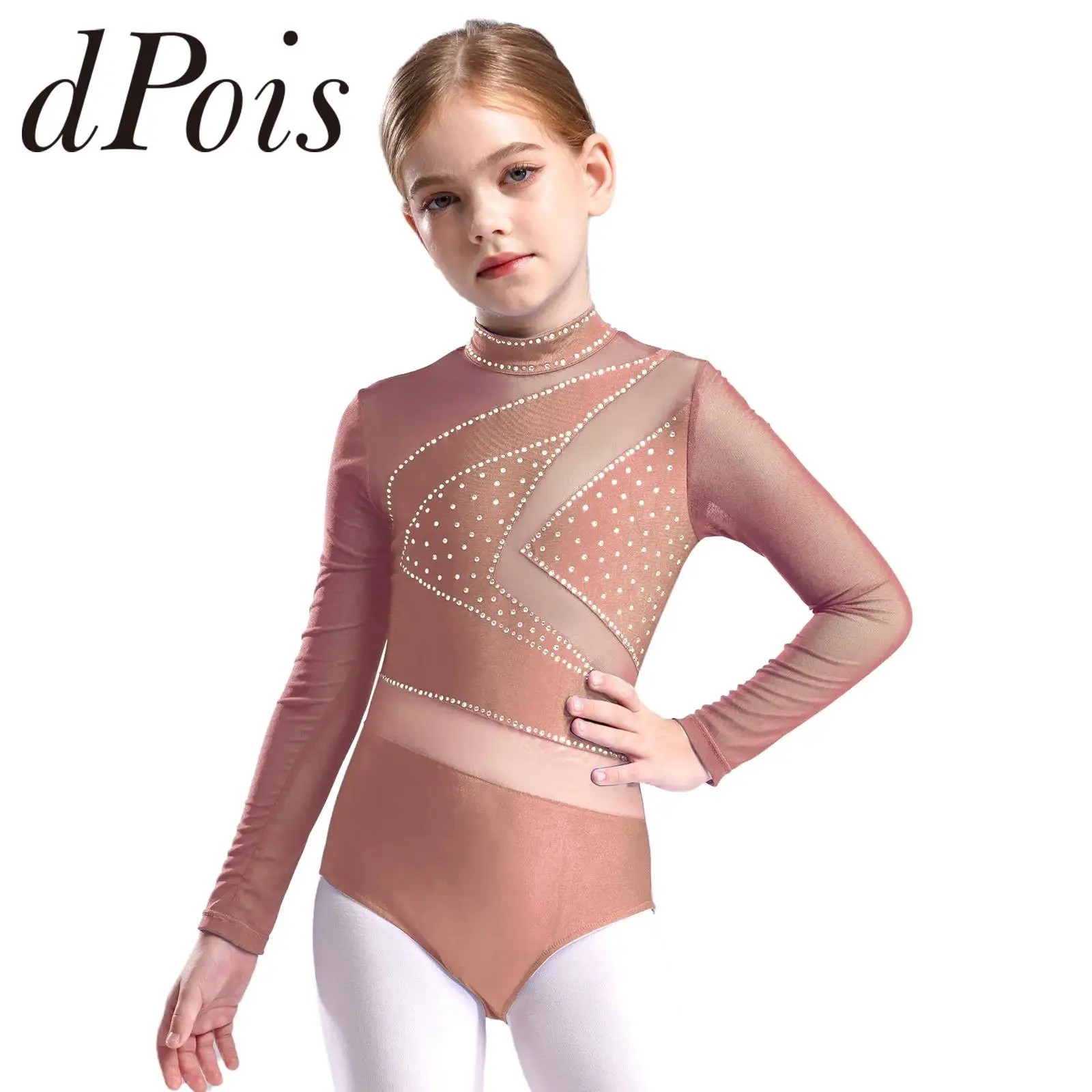 

Детский гимнастический комбинезон для девочек, боди для фигурного катания, костюм из прозрачной сетки с длинными рукавами и вырезом, балетное гимнастическое трико
