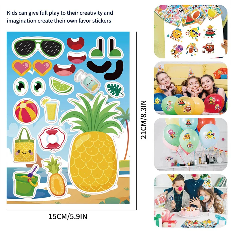 Autocollants de puzzle de dessin animé pour enfants, faites un visage, vos propres fruits d'été, crème glacée, jeux de fête, jouets pour enfants, cadeau de bricolage, 4 feuilles, 24 feuilles