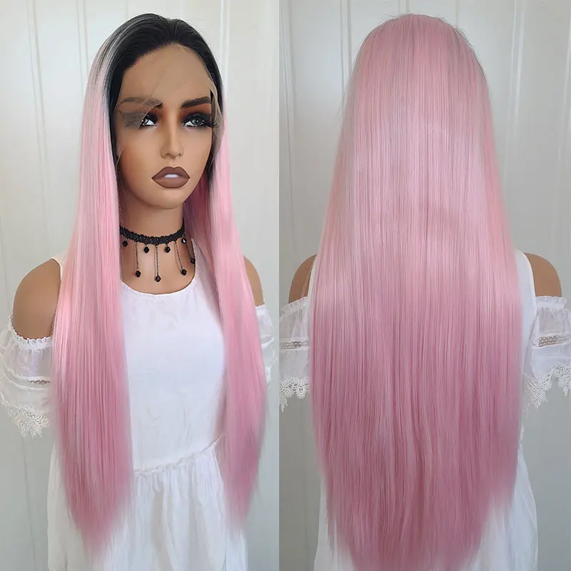 Black Roots Ombre Pink Straight Synthetic 13*4 Lace Front Wigs High Quality Heat Resistant Fiber Hair Natural Hairline For Women