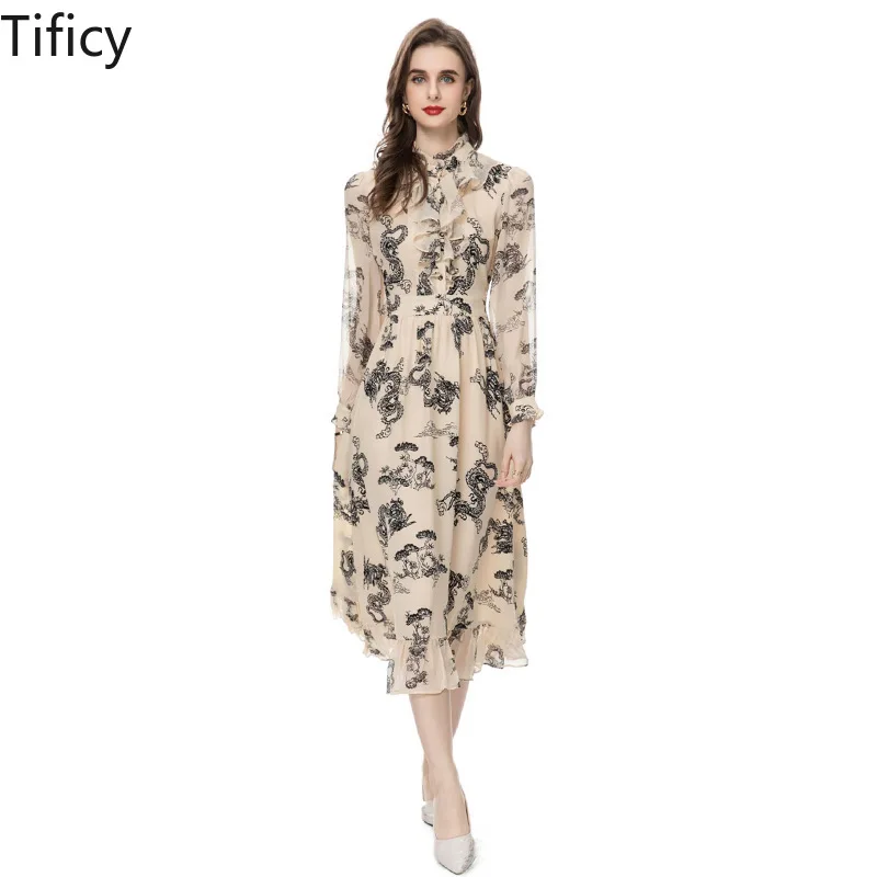 High Quality Spring and Summer New Women Stand-up Collar Long Sleeve Abstract Panlong Printed Lotus Leaf Ladies Dresses