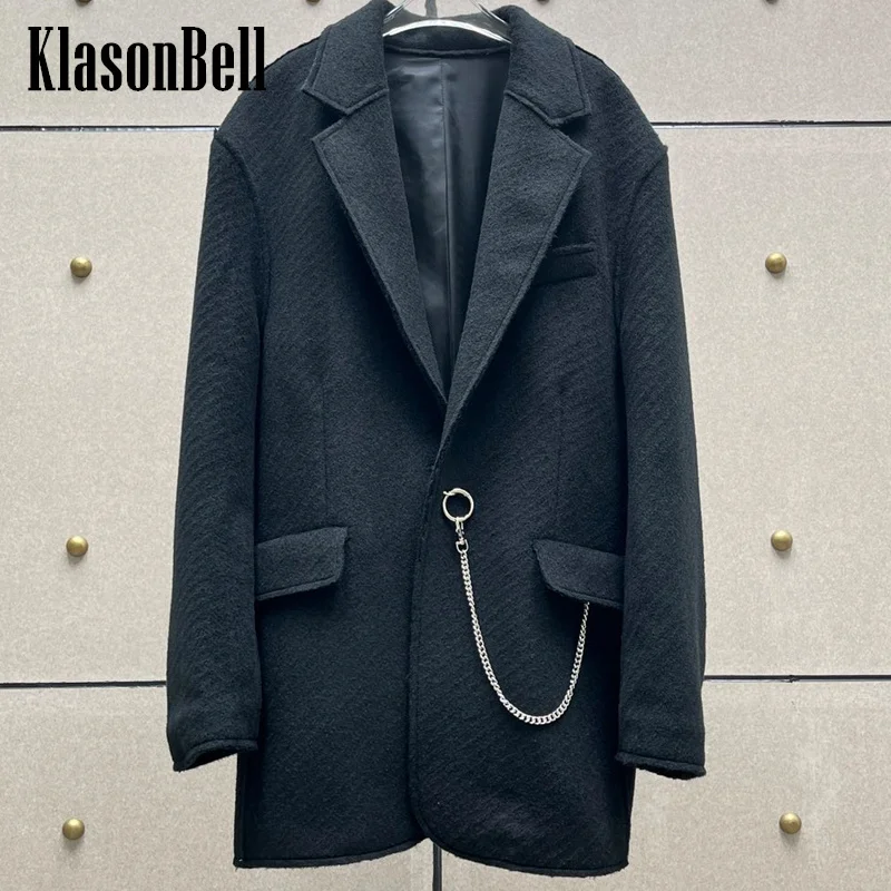 

7.29 KlasonBell Women Fashion Punk Style Chain Pocket Decoration Hidden Breasted Black Coat Lapel Loose Mid-Length Wool Blazer