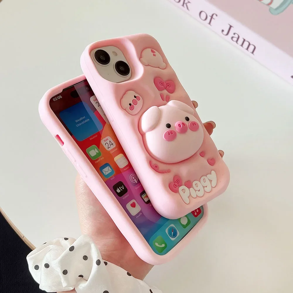 IPhone用スタンド付きシリコンフォンケース,耐衝撃性ソフトカバー,かわいいピンクの蝶,3D豚,面白いギフト,韓国語,15, 14, 13, 12 pro max,11