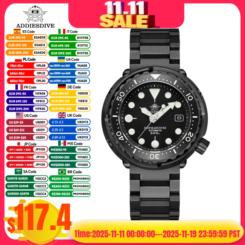 

Мужские часы ADDIESDIVE для дайвинга, черный тунец, телефон, сапфировый керамический ободок, водонепроницаемость 300 м, светящийся циферблат NH35A, автоматические часы