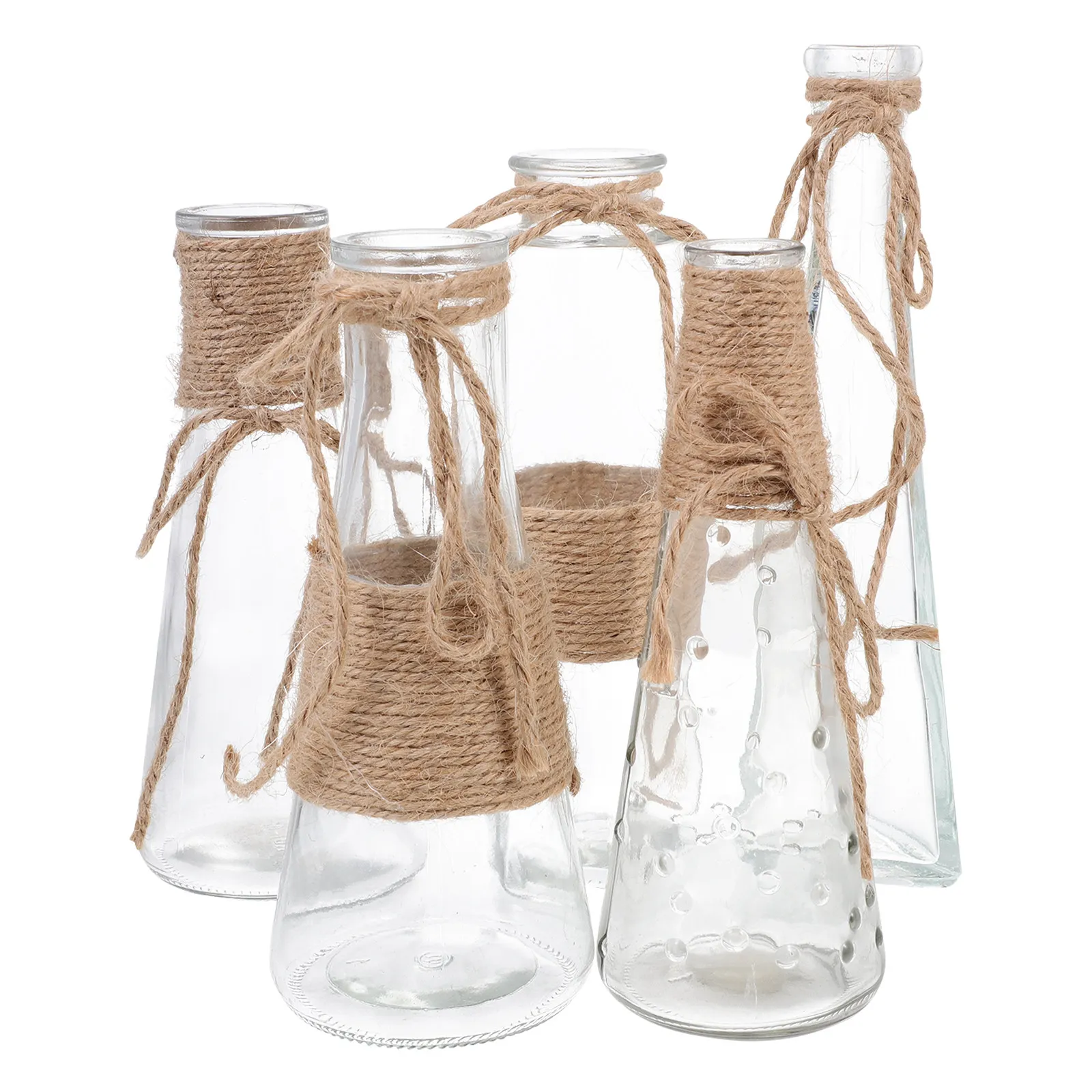 

5Pcs Glass Flower Vase Transparent Rope Rustic Style Decorative Glass Container Home Tabletop Ornament Desktop Plant Holder