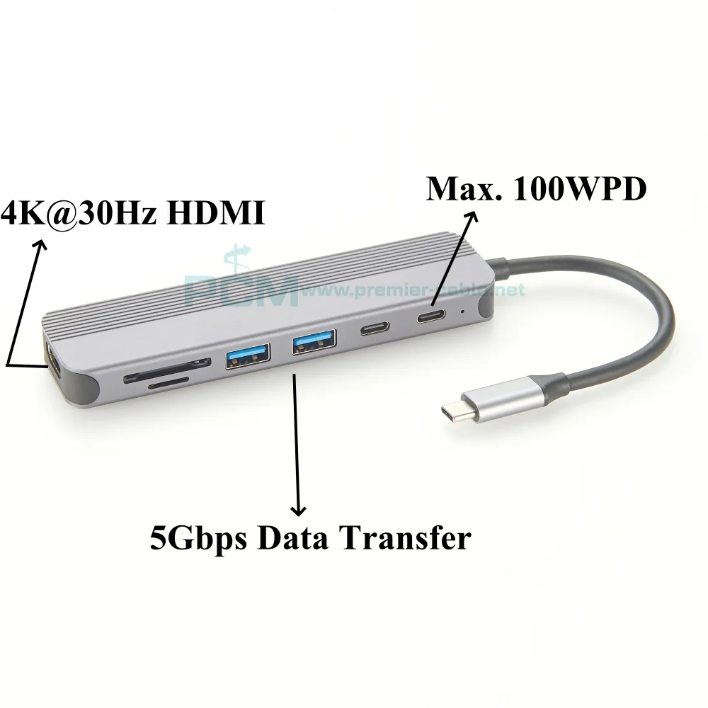 USB C Hub 7 In 1 MultiPort Adapter with 4K HD, 100WPD, 5Gbps USB-C, 2 USB 3.0 Ports, SD/TF Card Reader, USB-C Docking Station