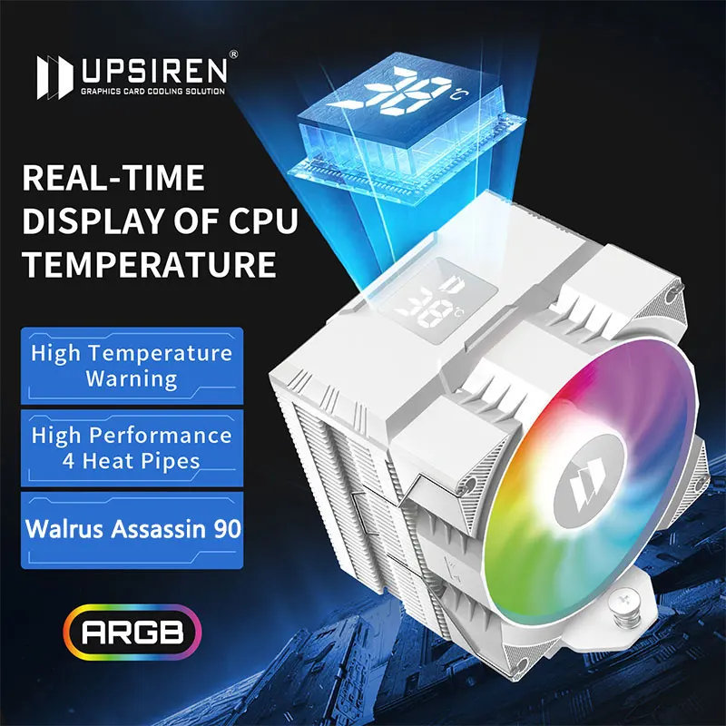 UPSIREN Walrus Assassin 90 Digital display radiator，ARGB 4 heat pipe single tower single fan chassis air cooling radiator