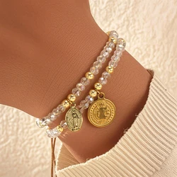 Go2boho Handmade Double Strand Crystal Bracelet with Gold Plated Coins Elegant Women Accessories