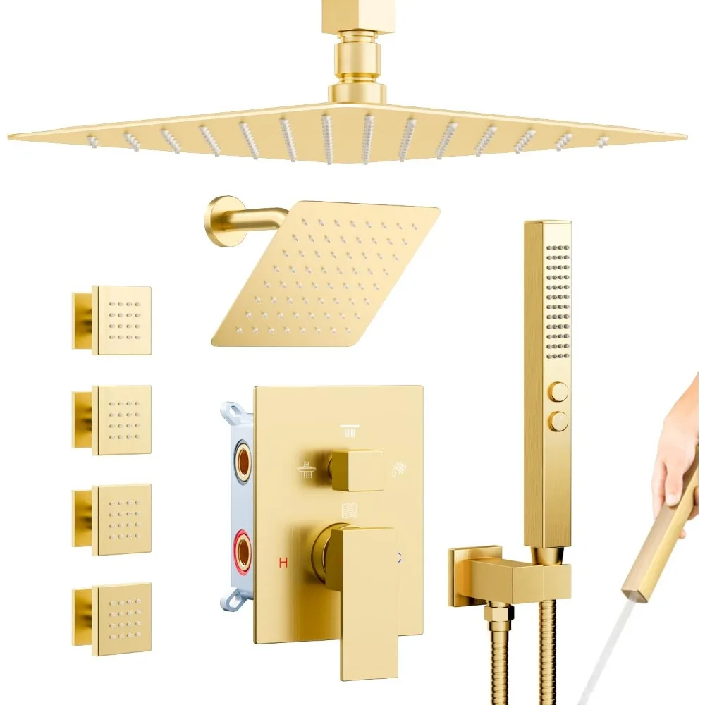 

Brushed Gold Shower System with Four Modes and 2-in-1 Handheld & Ceiling Mount Rain Shower