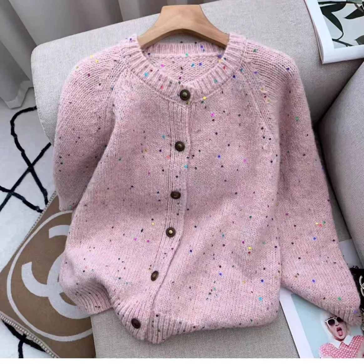 

Осень-зима блестящий вязаный открытый кардиган женский модный ленивый свободный шерстяной свитер верхняя одежда Sweet Sle обычный...